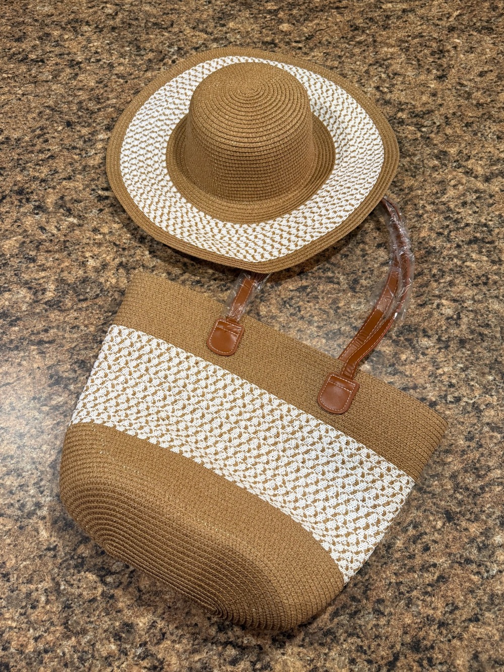 Fashion Khaki and White Straw Tote Bag with Matching Sun Hat